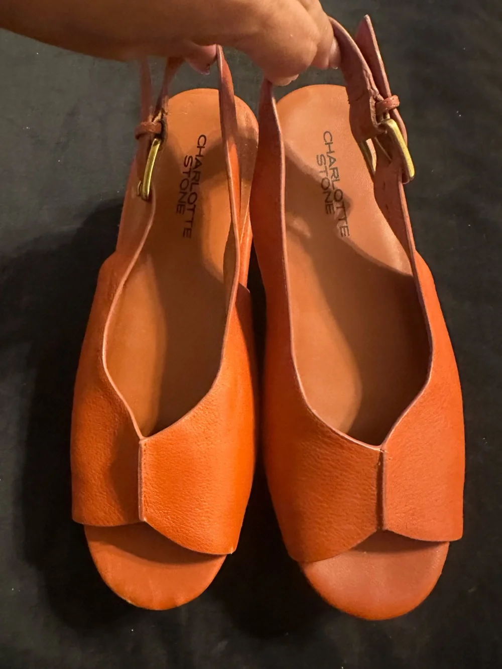Charlotte Stone size 9 Chunky Wood Platform Slingback Sandals - Orange Leather